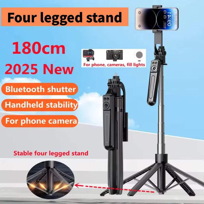 Black selfie stick tripod on a four-leg base holding a phone, with a detachable remote clipped to the pole