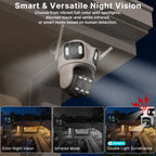 White outdoor security camera with two fixed lenses on top and a pan-tilt lens below, next to a phone showing three views