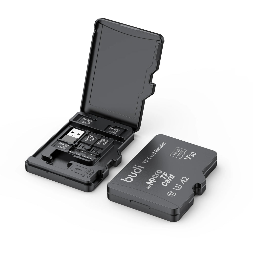 Black Budi card case shaped like an oversized microSD card, open to show card slots and a fold-out USB reader