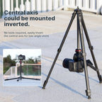 Black Ulanzi video tripod with a fluid head and pan handle, shown standing and folded, next to a phone holder