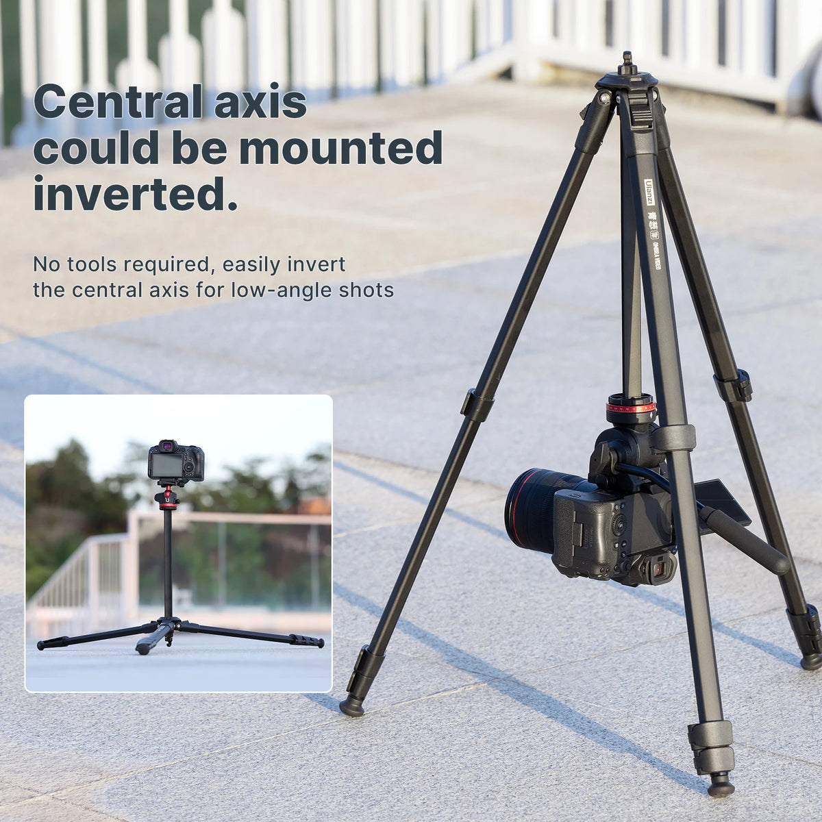 Black Ulanzi video tripod with a fluid head and pan handle, shown standing and folded, next to a phone holder