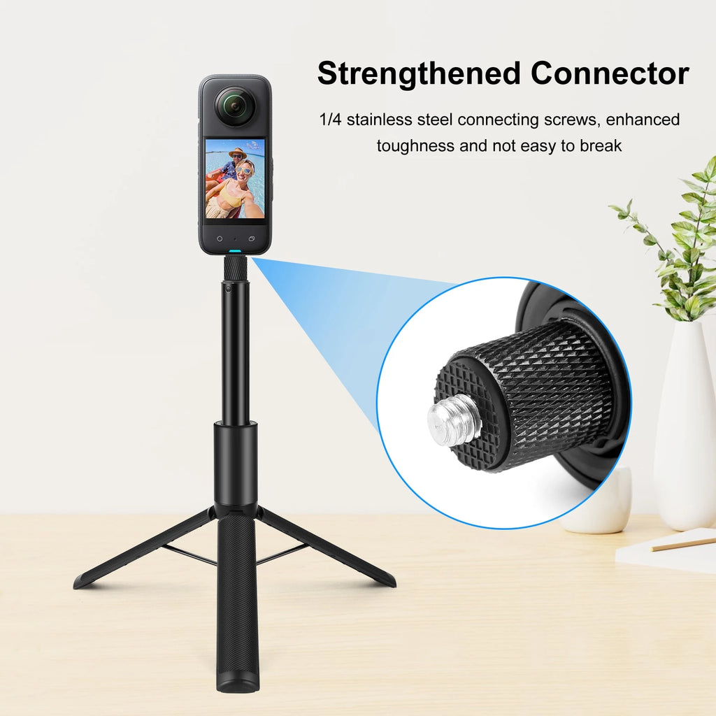 Black Puluz selfie stick on small tripod legs with a 360 camera on top, and a close-up of its knurled screw connector