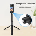 Black Puluz selfie stick on small tripod legs with a 360 camera on top, and a close-up of its knurled screw connector