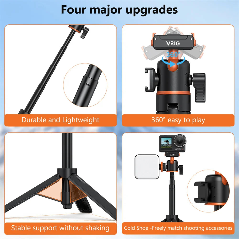 Black and orange Vrig stand holding an action camera on a magnetic mount, as a tripod and as a handheld grip with a light