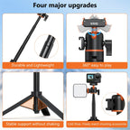 Black and orange Vrig stand holding an action camera on a magnetic mount, as a tripod and as a handheld grip with a light