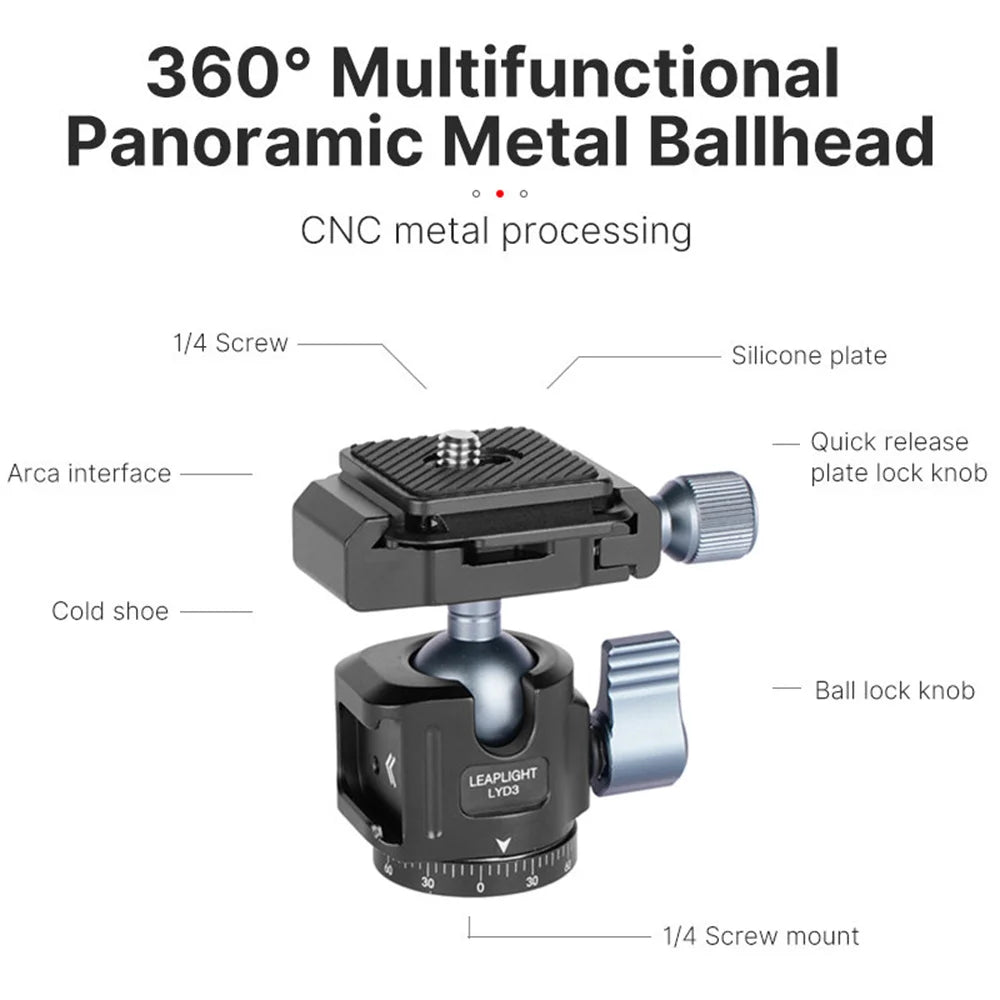 Black low-profile ball head with a quick release clamp and plate, a locking lever, a hex key and a thread adapter