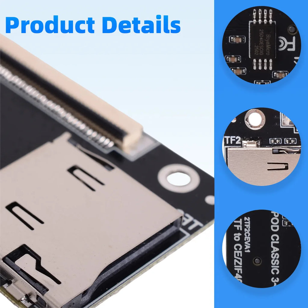 Small black circuit board with two microSD slots marked TF1 and TF2 and a flat ribbon connector along the top edge