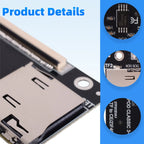 Small black circuit board with two microSD slots marked TF1 and TF2 and a flat ribbon connector along the top edge