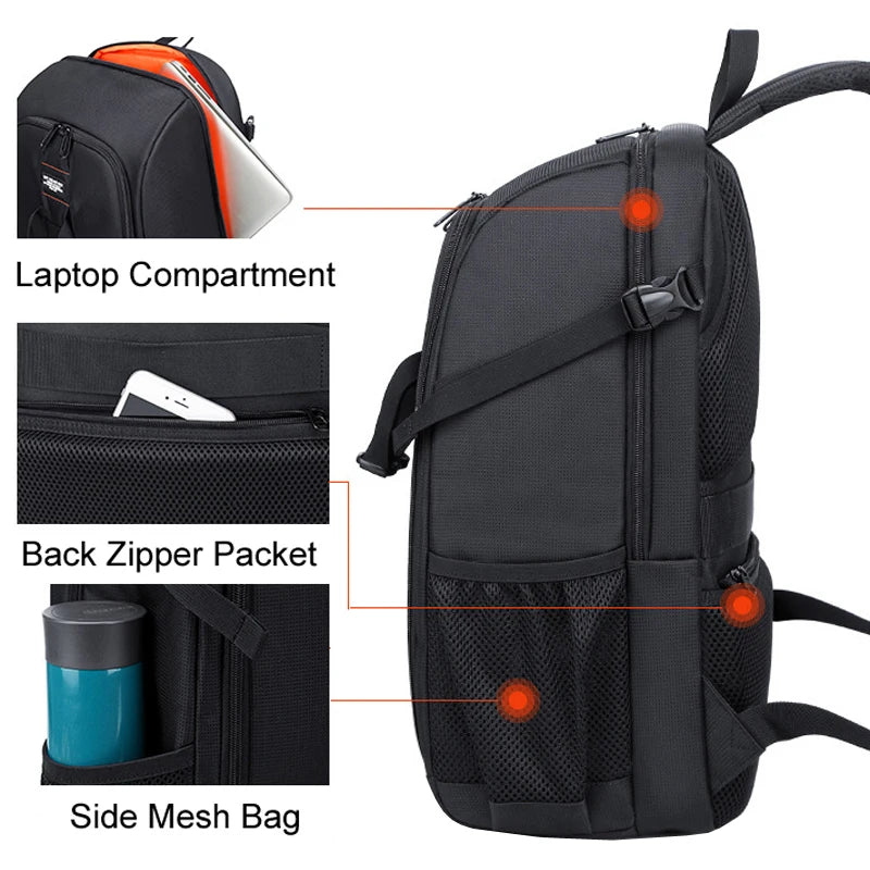 Black camera backpack shown closed and open, with grey dividers holding a DSLR, several lenses and a flash