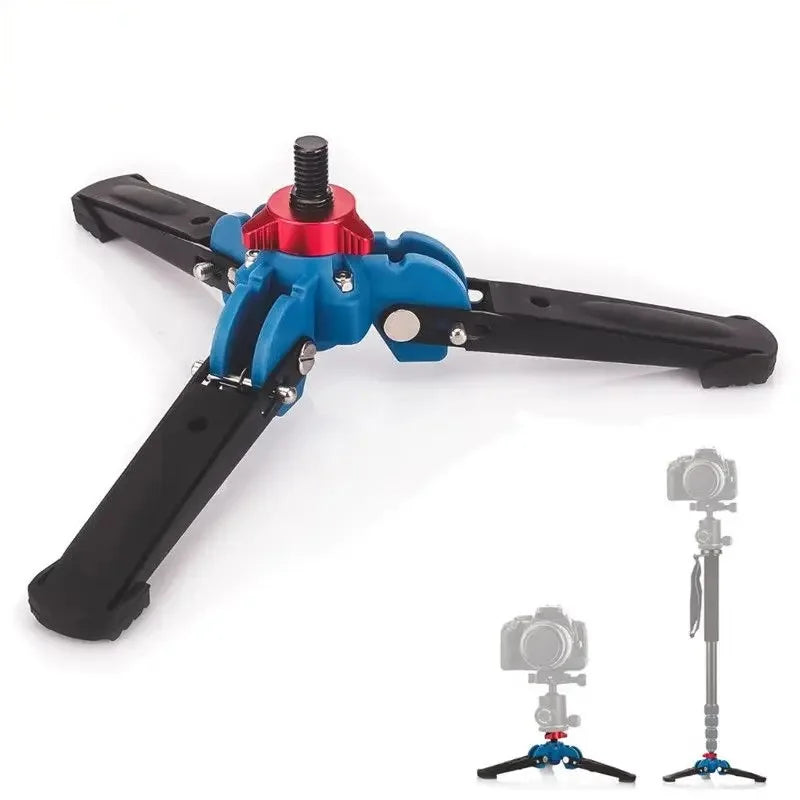 Folding three-leg monopod base with blue joints, a red locking ring and a screw stud, with small views of it under a monopod