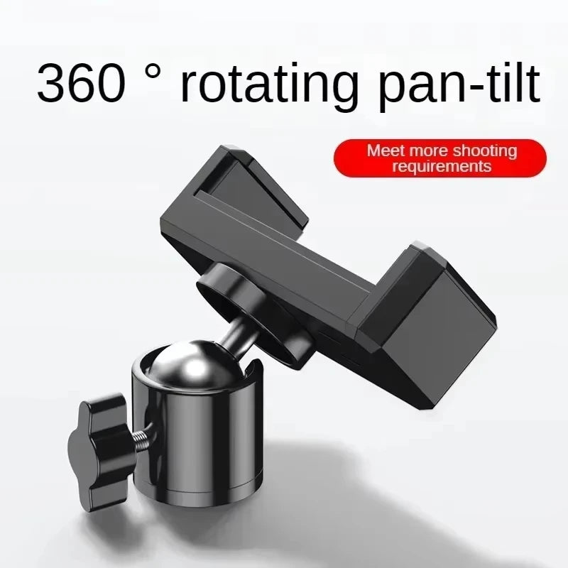 Two black telescoping tripod stands with spread legs, one bare and one holding a phone on a small ball head