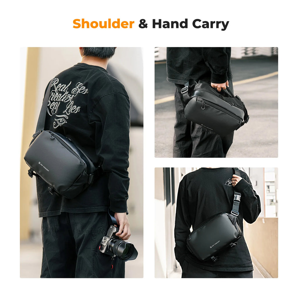 Black K&F Concept camera shoulder bag with a tripod strapped underneath, above four more bags in other colors