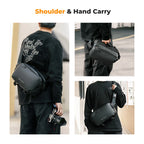 Black K&F Concept camera shoulder bag with a tripod strapped underneath, above four more bags in other colors
