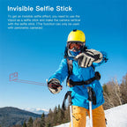 Black and orange Uurig stick with 360, action and compact cameras, as a long stick, a handle and a tripod, plus an adapter