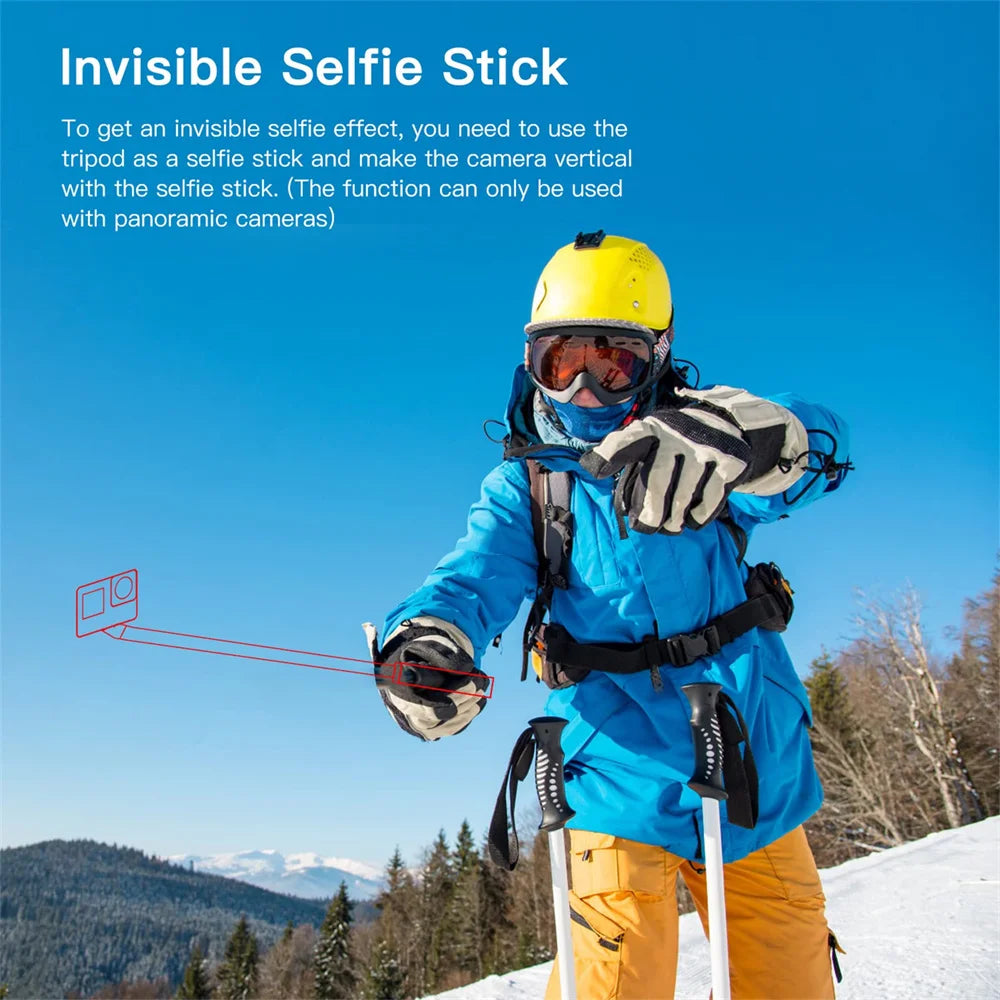 Black and orange Uurig stick with 360, action and compact cameras, as a long stick, a handle and a tripod, plus an adapter