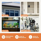 Square white window camera with a black lens panel, beside a phone app showing a house and a garage door