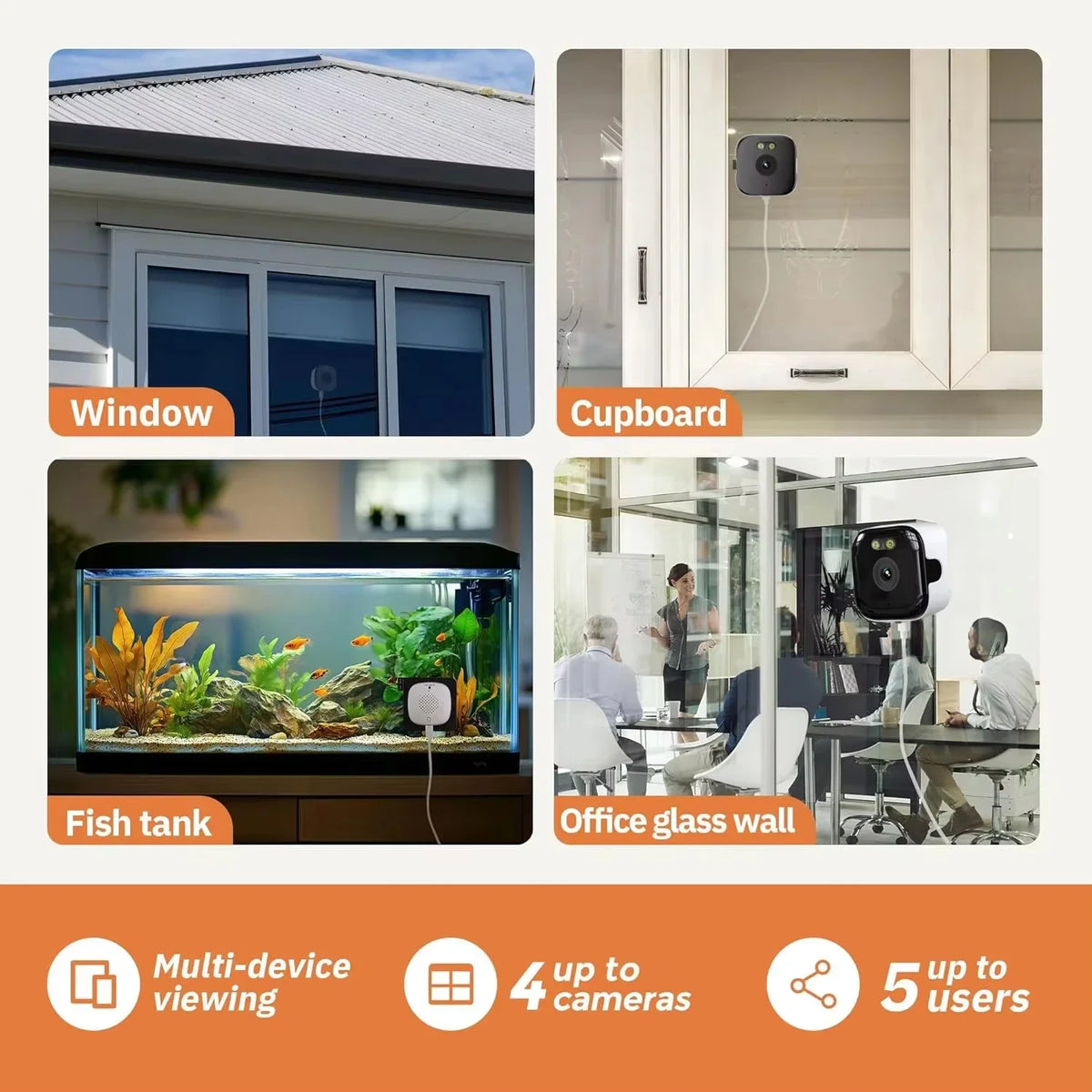 Square white window camera with a black lens panel, beside a phone app showing a house and a garage door