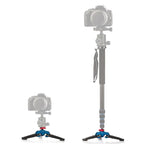 Folding three-leg monopod base with blue joints, a red locking ring and a screw stud, with small views of it under a monopod