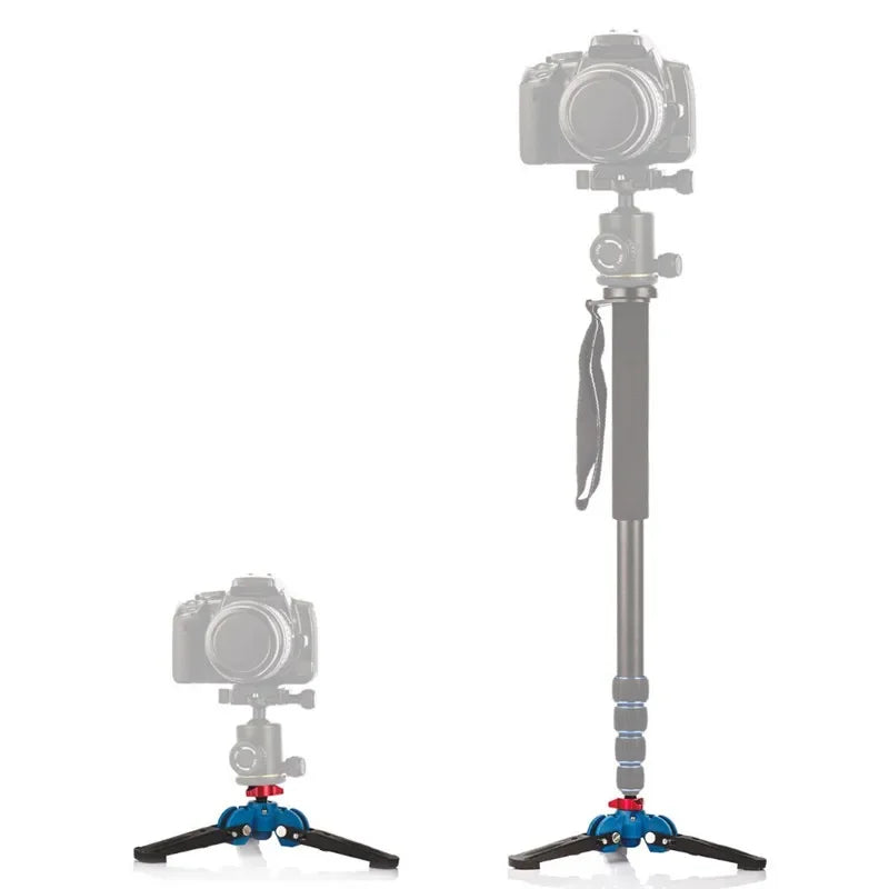 Folding three-leg monopod base with blue joints, a red locking ring and a screw stud, with small views of it under a monopod
