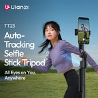 Black Ulanzi selfie stick tripod with a phone clamp and detachable remote, plus the rotating head and the folded stick