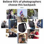 Small black camera backpack shown open with orange padded dividers holding a camera and lenses, with back and side views