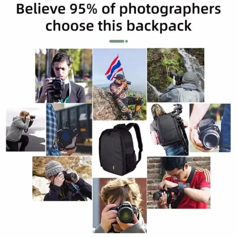 Small black camera backpack shown open with orange padded dividers holding a camera and lenses, with back and side views