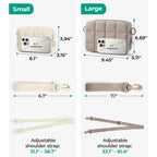Cream quilted Bagsmart camera bag shown closed, worn crossbody, as a wristlet, and open with memory card slots