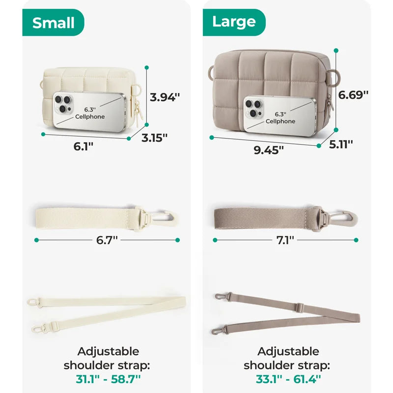 Cream quilted Bagsmart camera bag shown closed, worn crossbody, as a wristlet, and open with memory card slots