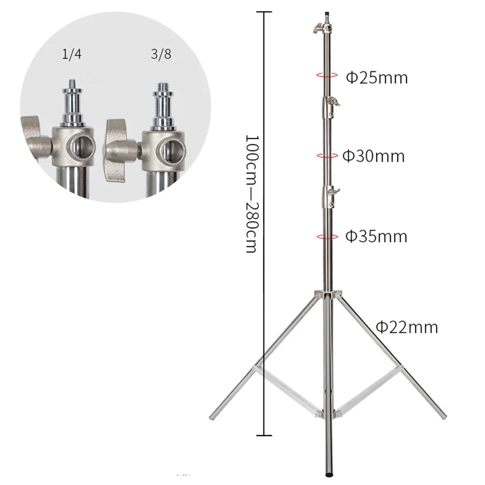 Two silver stainless steel light stands with spread legs, leg braces and adjustable knobs on each section