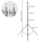 Two silver stainless steel light stands with spread legs, leg braces and adjustable knobs on each section