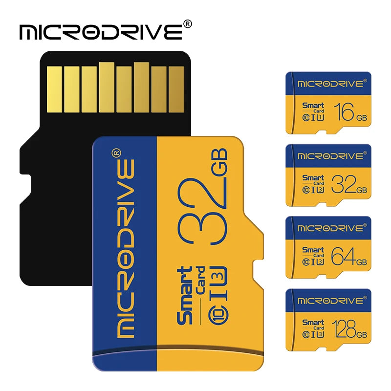 Four blue and yellow Microdrive-labeled microSD cards marked 128GB, 64GB, 32GB and 16GB on a white background