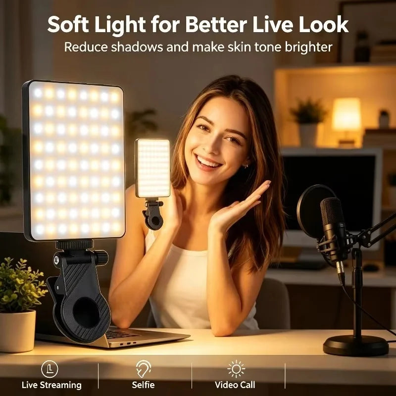 Black clip-on LED panel with warm and cool beads, shown clipped to a phone, mounted on a DSLR and clipped to a laptop