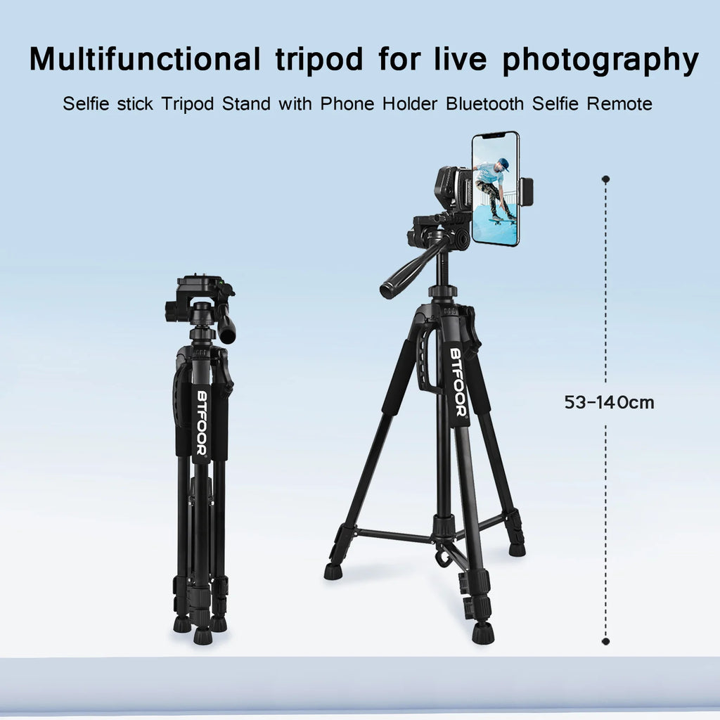 Black aluminum tripod with a handled pan head holding a mirrorless camera, shown folded beside a black drawstring carry bag
