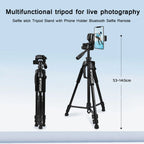 Black aluminum tripod with a handled pan head holding a mirrorless camera, shown folded beside a black drawstring carry bag