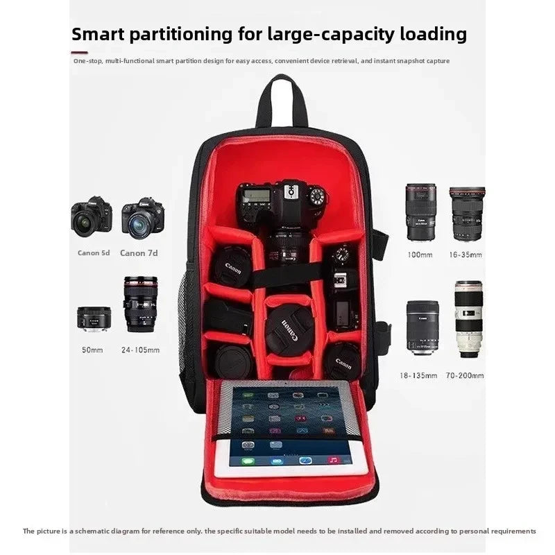 Black camera backpack with a red padded interior holding a DSLR, lenses and a tablet, shown open from the front