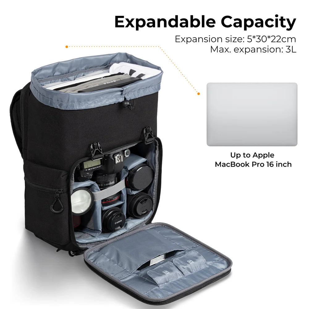 Black K&F Concept camera backpack with a buckled flap top, plus smaller views open to show the camera section