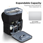 Black K&F Concept camera backpack with a buckled flap top, plus smaller views open to show the camera section