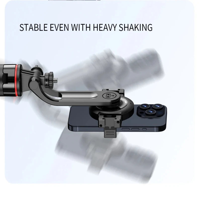 Folded black selfie stick tripod with a screw mount on top, a red ring below the head and a round clip holder on the side