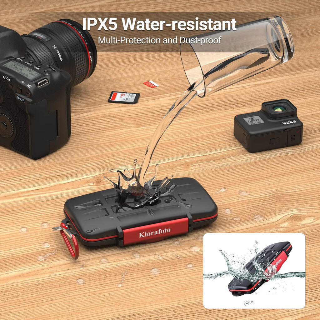 Black hard card case with a red seal, open to show SD cards in moulded slots, with a second closed case shown in water