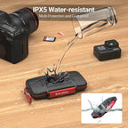 Black hard card case with a red seal, open to show SD cards in moulded slots, with a second closed case shown in water
