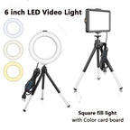 A 6-inch LED ring light and a square panel light, each on a small extendable tripod with an inline USB controller