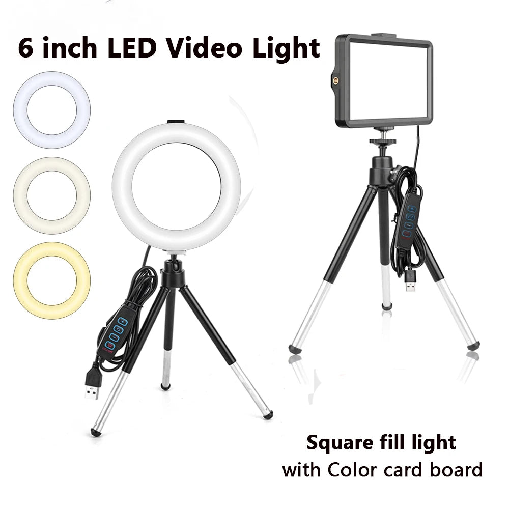 A 6-inch LED ring light and a square panel light, each on a small extendable tripod with an inline USB controller