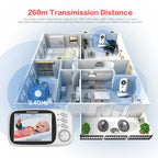 White baby monitor camera on a stand next to a Boavision parent unit whose screen shows two sleeping babies