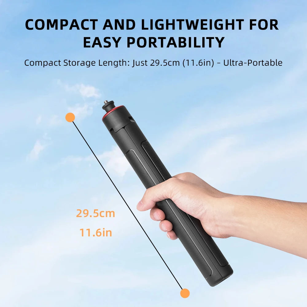 Black Flymile stick held with a pocket gimbal camera, set up as a tall tripod, and as a short grip with an action camera