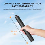 Black Flymile stick held with a pocket gimbal camera, set up as a tall tripod, and as a short grip with an action camera
