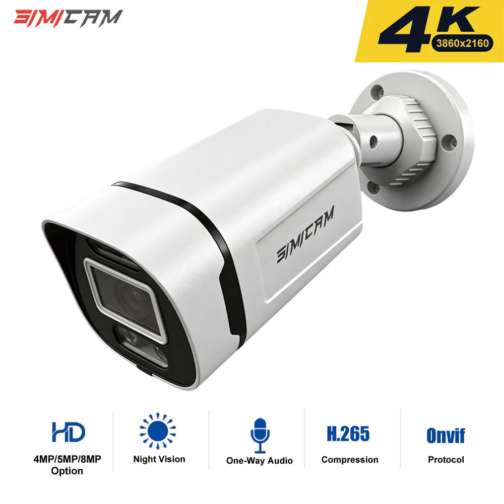 White Simicam bullet security camera on a wall mount, with icons for night vision, one-way audio, H.265 and Onvif