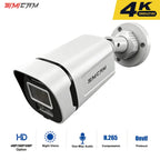 White Simicam bullet security camera on a wall mount, with icons for night vision, one-way audio, H.265 and Onvif