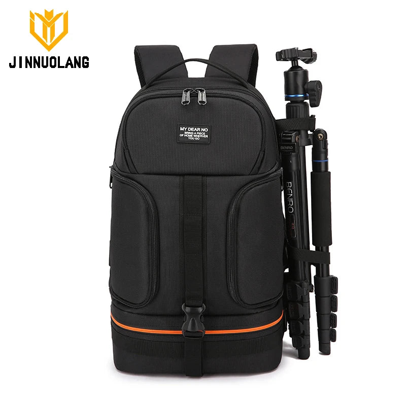 Black Jinnuolang camera backpack with a side access panel open to a grey padded camera compartment