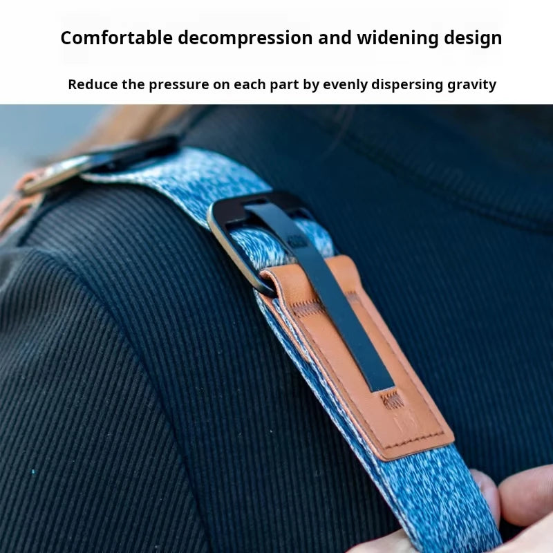 Camera shoulder straps in grey, blue, green and black with quick release clips, beside four round anchor connectors