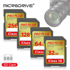 Four gold Microdrive Pro Plus SD cards marked 32, 64, 128 and 256GB with Class 10 and U3 symbols